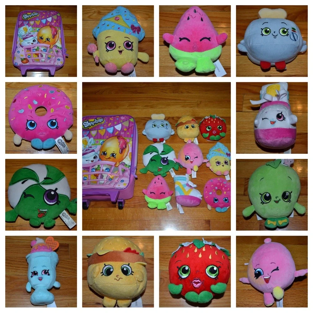 Shopkins suitcase and lot of 6” plush dolls - NEW